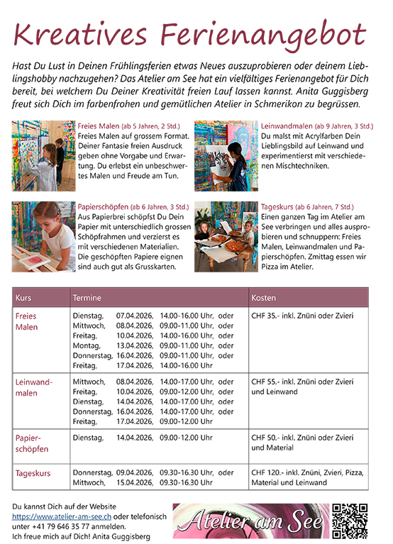 Malkurse im Malatelier am See Schmerikon Freies Malen Leinwandmalen Papierschöpfen Tageskurs Frühlingsferien